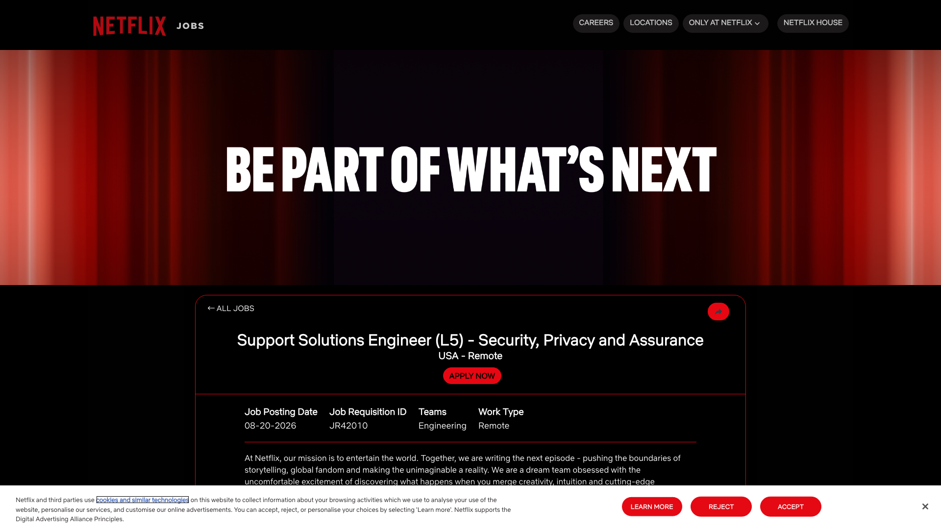 Screenshot of the Netflix Support Solutions Engineer (L5) - Security, Privacy and Assurance job posting, captured 2026-09-01