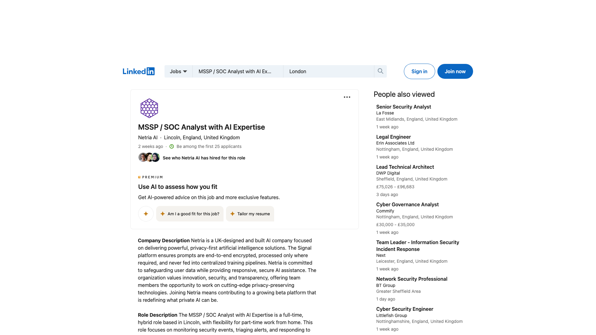Screenshot of the Netria AI MSSP / SOC Analyst with AI Expertise job posting, captured 2026-09-05