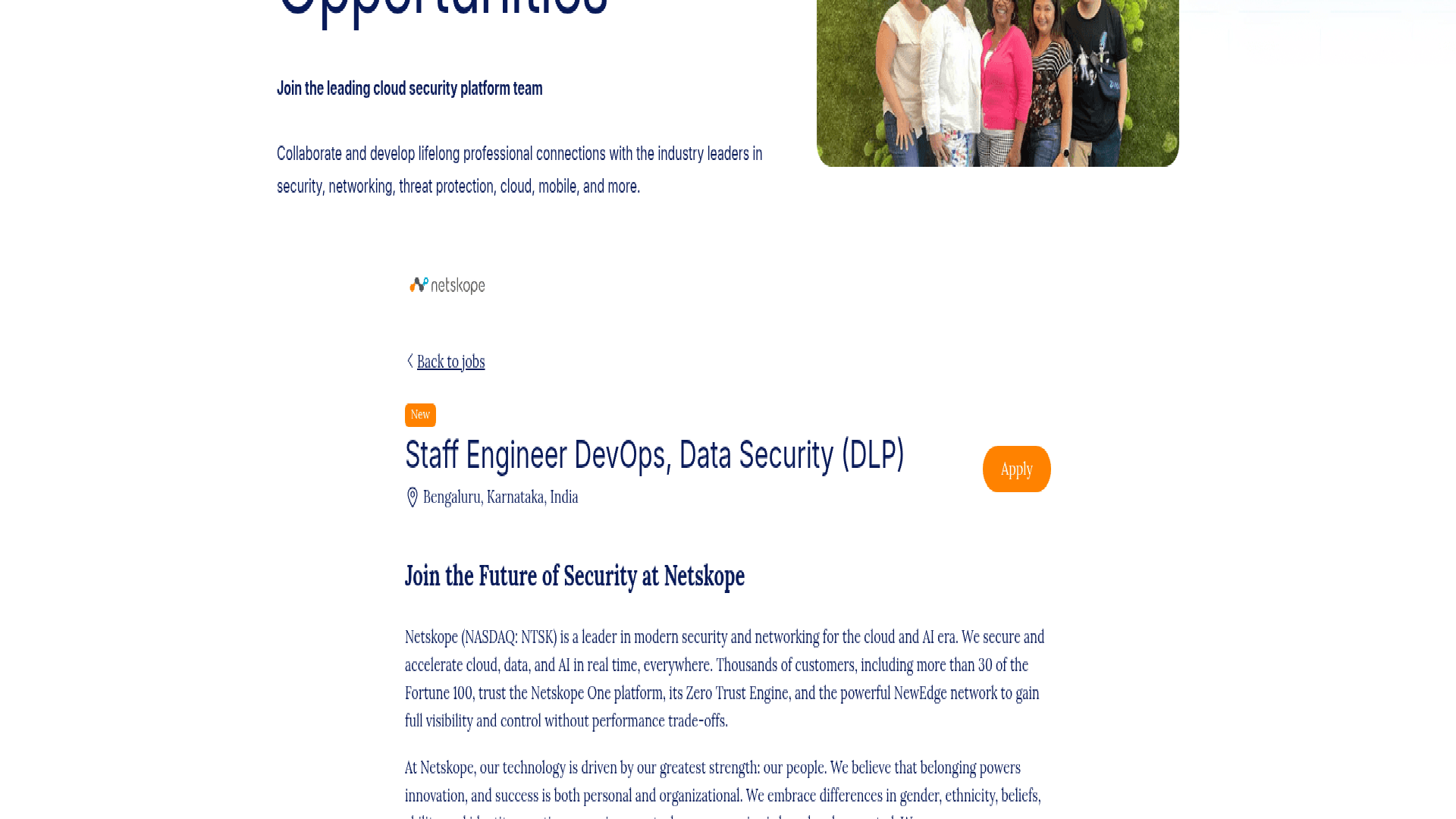 Screenshot of the Netskope Staff Engineer DevOps, Data Security (DLP) job posting, captured 2026-08-31