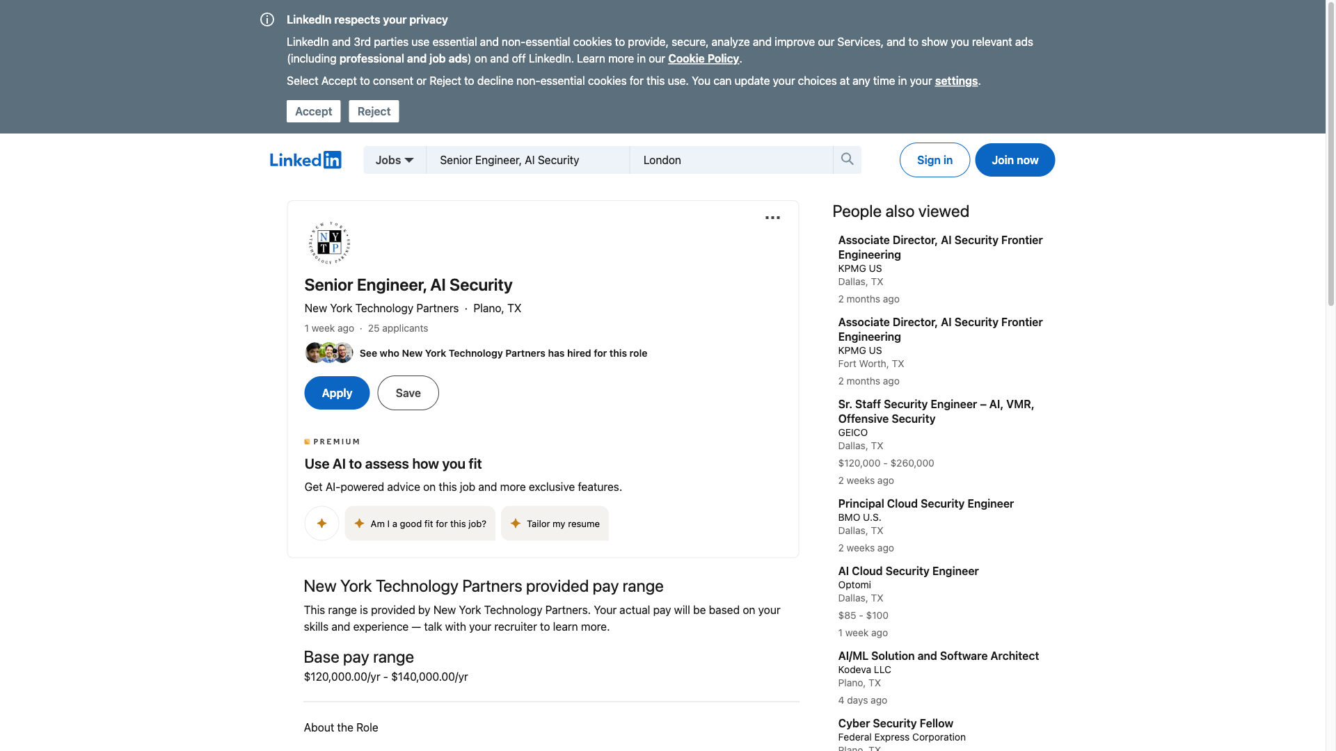 Screenshot of the New York Technology Partners Senior Engineer, AI Security job posting, captured 2026-10-01