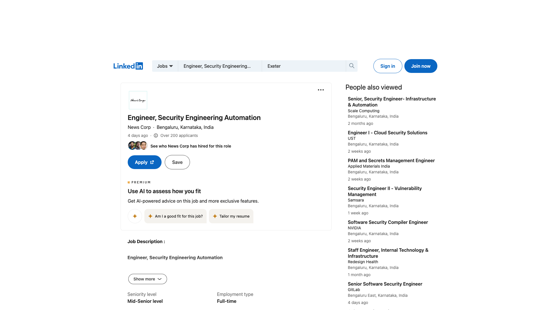 Screenshot of the News Corp Engineer, Security Engineering Automation job posting, captured 2026-09-05