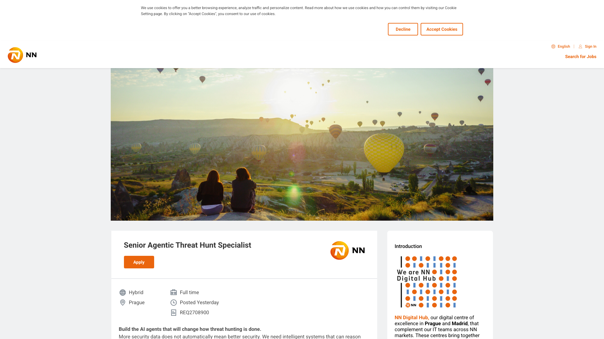 Screenshot of the NN Group Senior Agentic Threat Hunt Specialist job posting, captured 2026-10-22