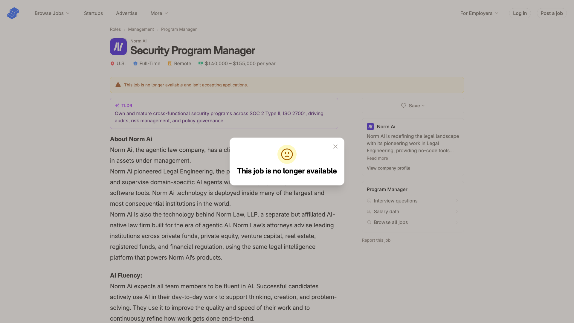 Screenshot of the Norm Ai Security Program Manager job posting, captured 2026-07-26