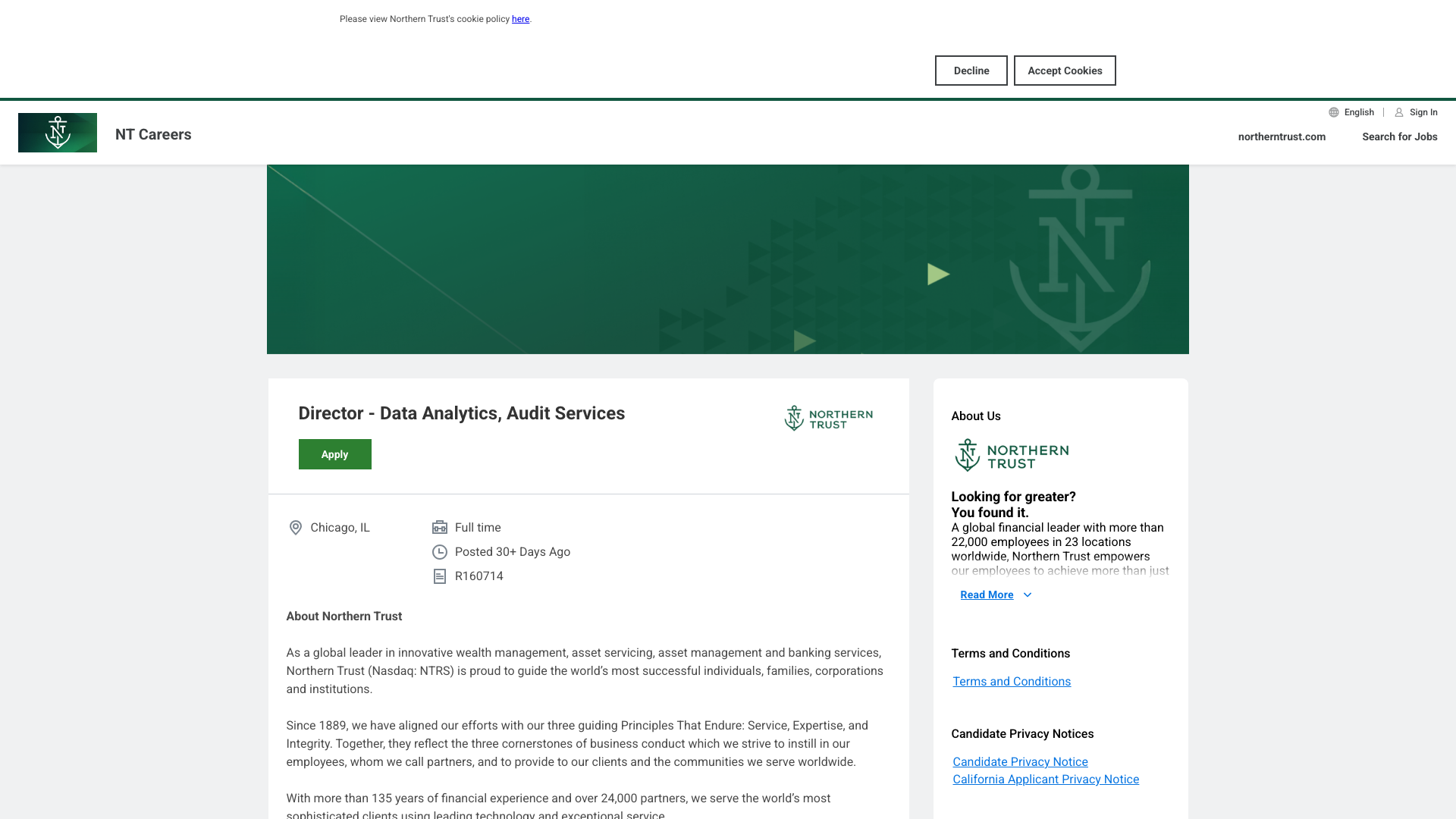 Screenshot of the Northern Trust Director - Data Analytics, Audit Services job posting, captured 2026-10-22