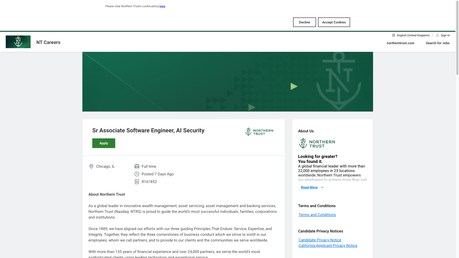 Screenshot of the Northern Trust Sr Associate Software Engineer, AI Security job posting, captured 2026-09-29