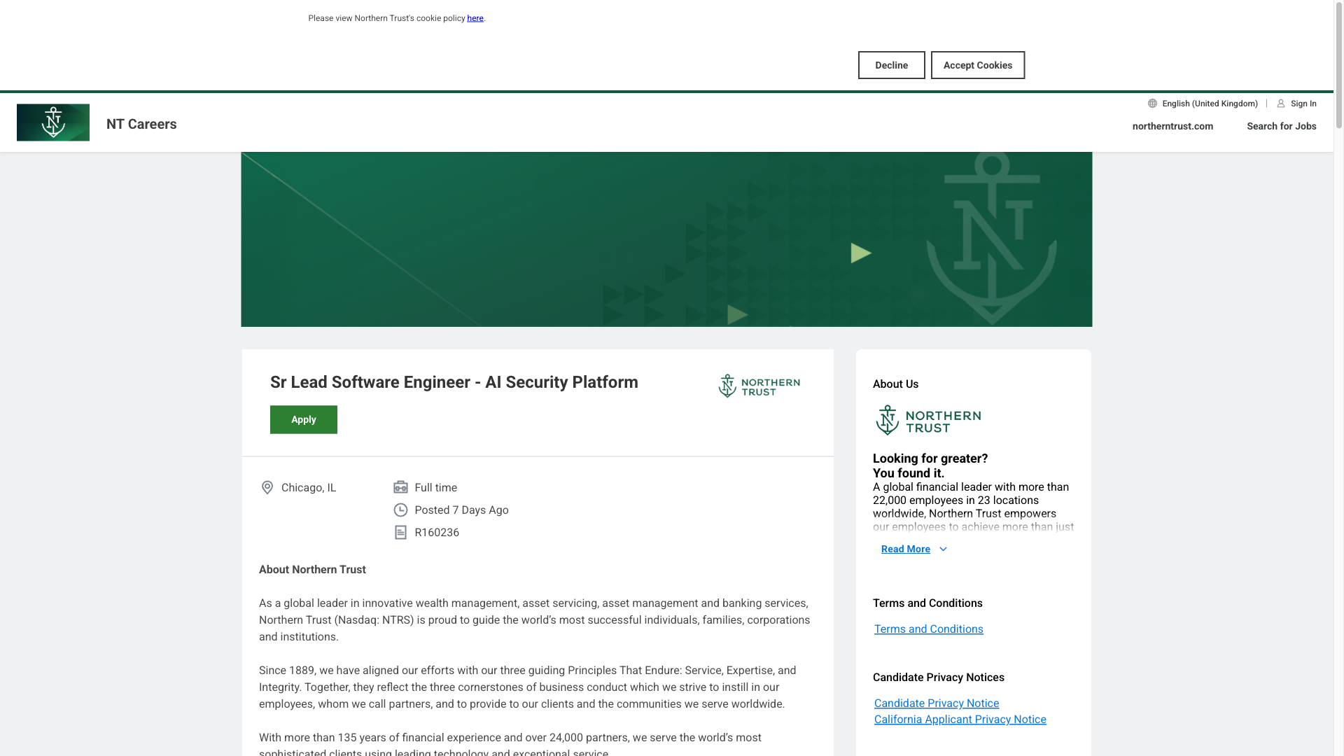Screenshot of the Northern Trust Sr Lead Software Engineer - AI Security Platform job posting, captured 2026-09-29