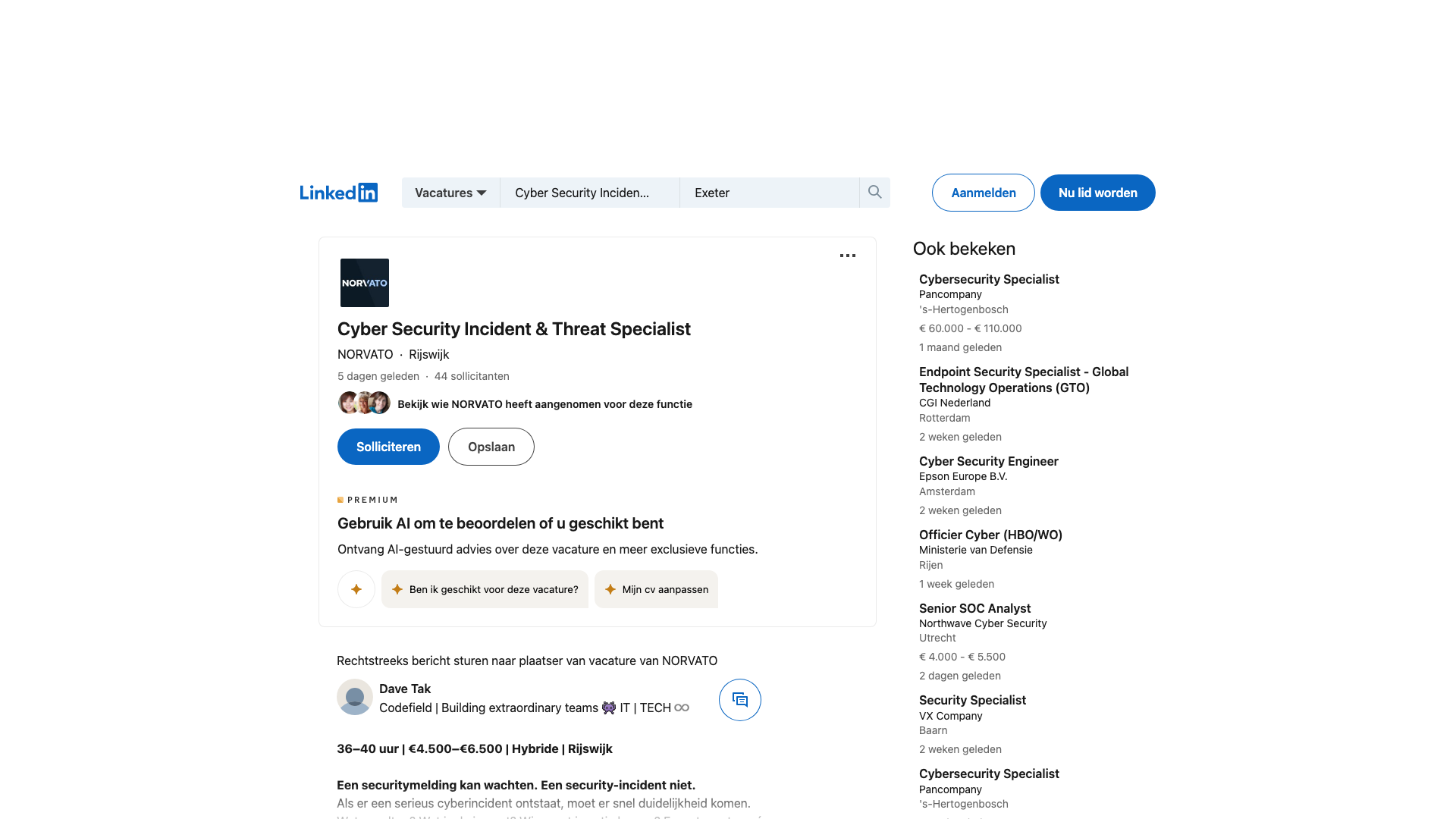 Screenshot of the Norvato Cyber Security Incident & Threat Specialist job posting, captured 2026-09-05
