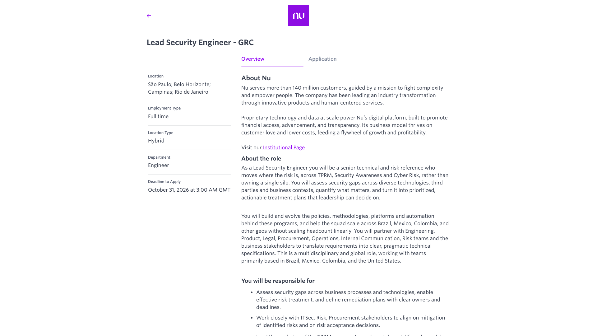 Screenshot of the Nubank Lead Security Engineer - GRC job posting, captured 2026-10-22
