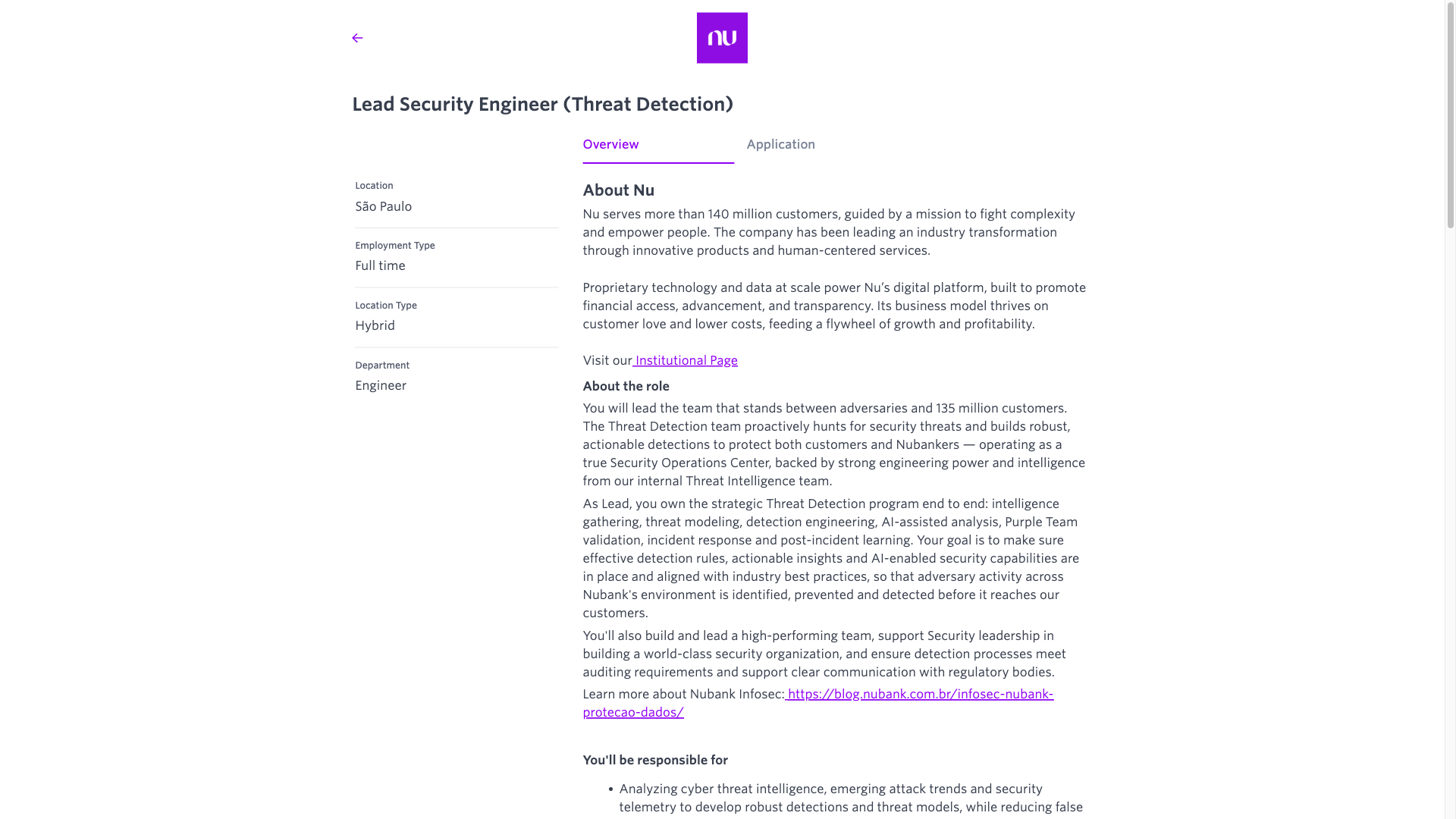 Screenshot of the Nubank Lead Security Engineer (Threat Detection) job posting, captured 2026-10-01