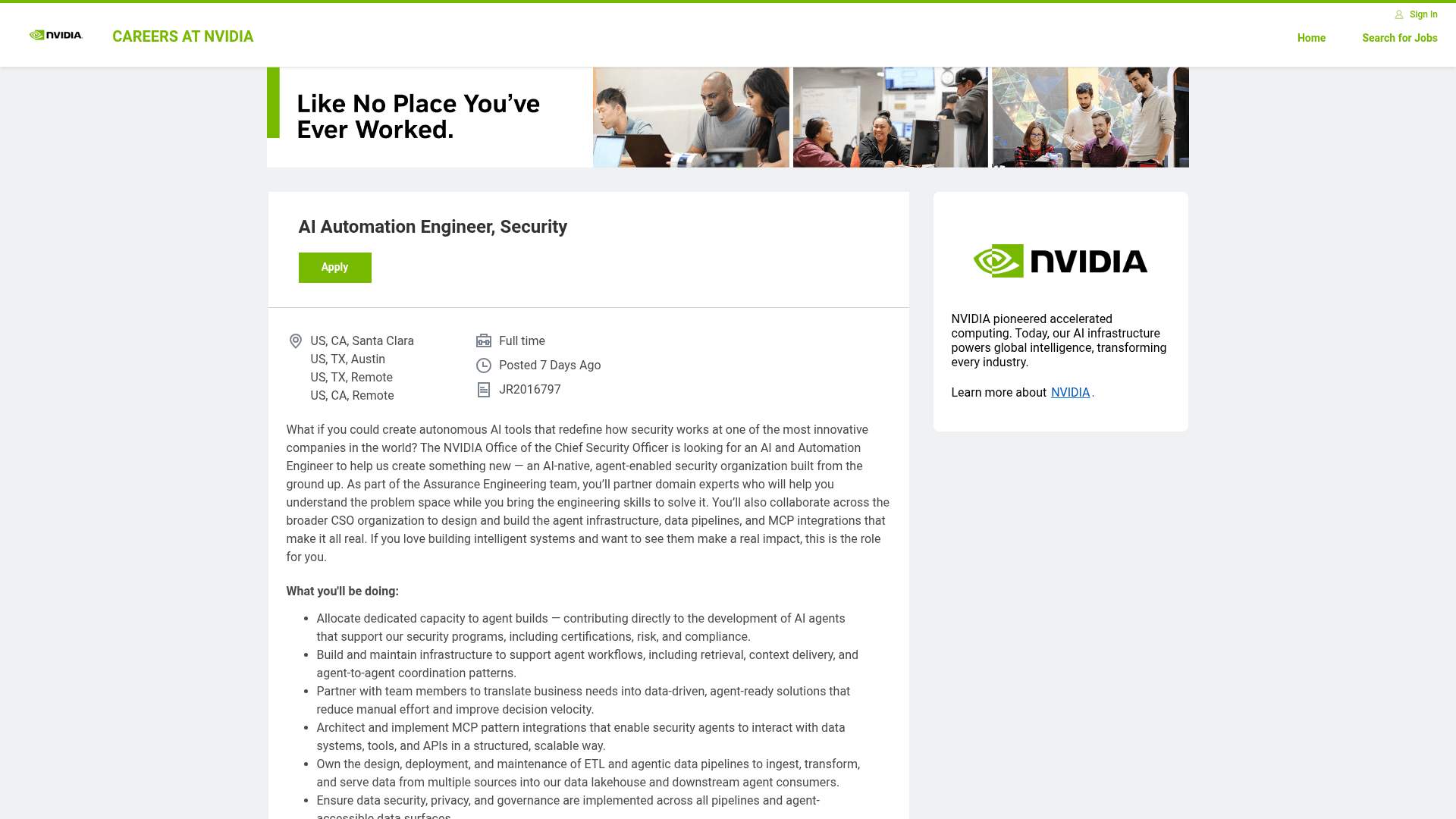 Screenshot of the NVIDIA AI Automation Engineer, Security job posting, captured 2026-08-31