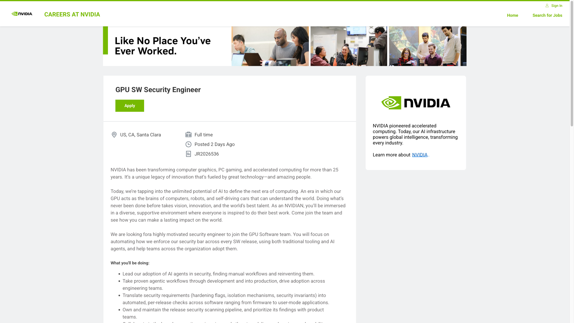 Screenshot of the NVIDIA GPU SW Security Engineer job posting, captured 2026-10-01