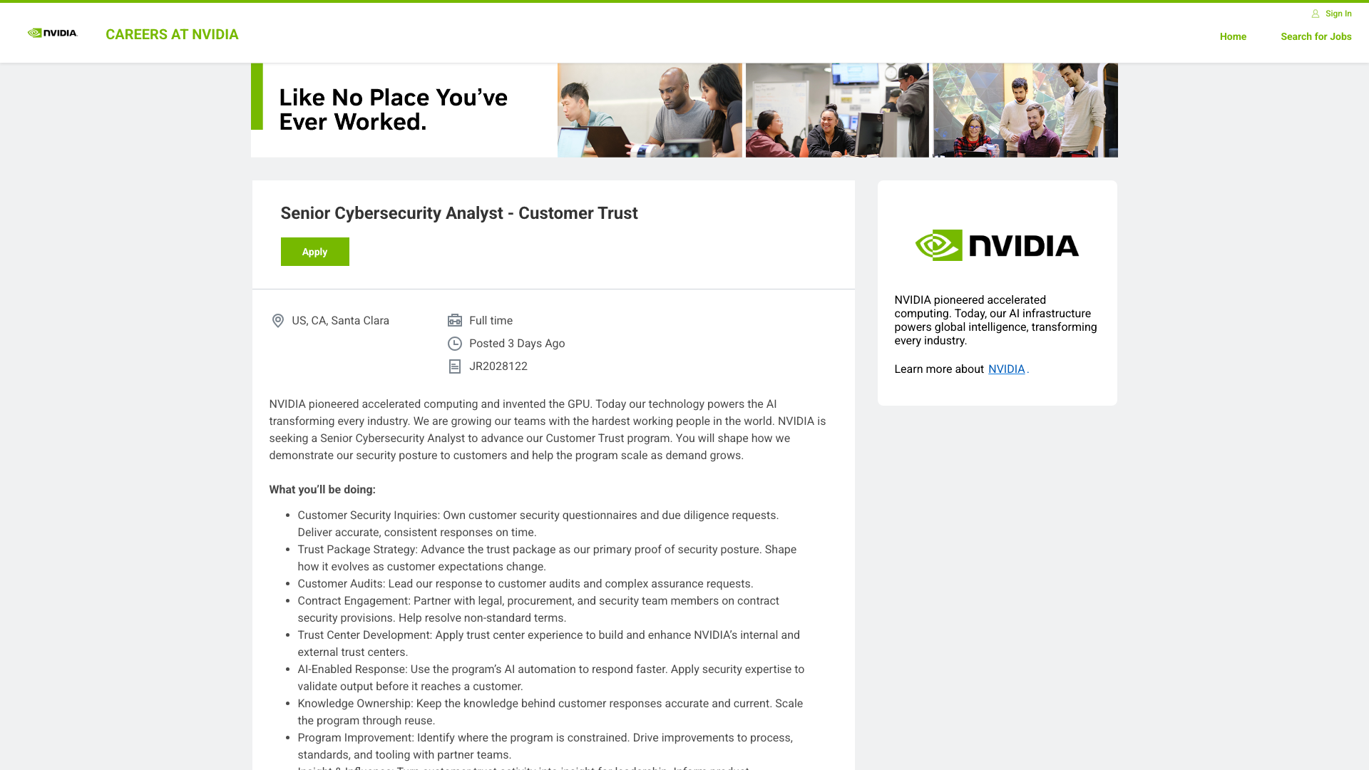 Screenshot of the NVIDIA Senior Cybersecurity Analyst - Customer Trust job posting, captured 2026-10-22