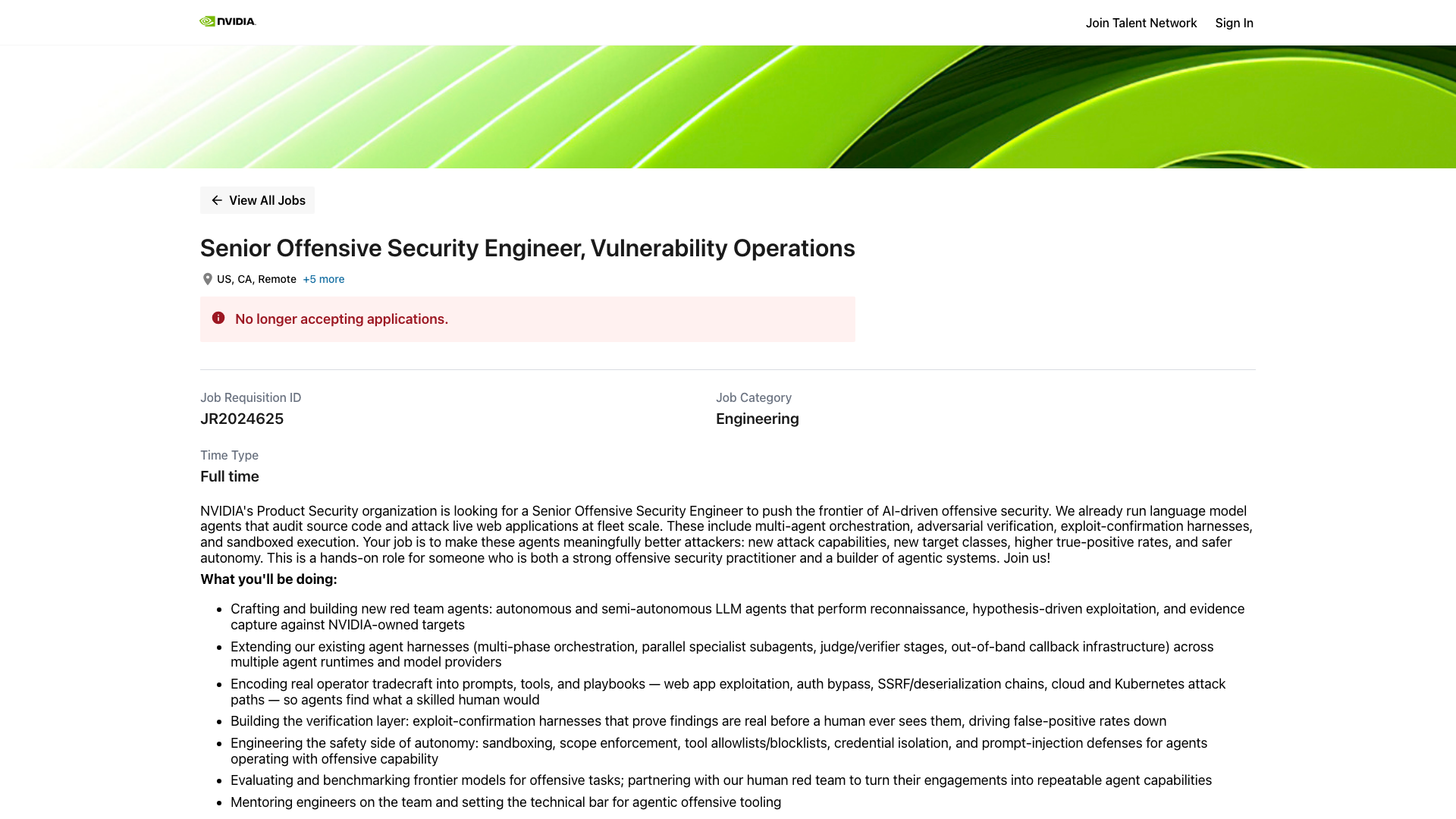 Screenshot of the NVIDIA Senior Offensive Security Engineer, Vulnerability Operations job posting, captured 2026-10-22