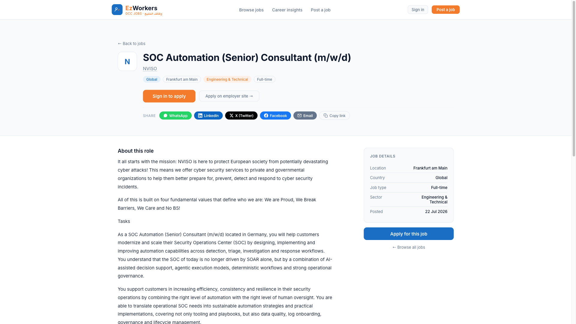 Screenshot of the NVISO SOC Automation (Senior) Consultant (m/w/d) job posting, captured 2026-09-05