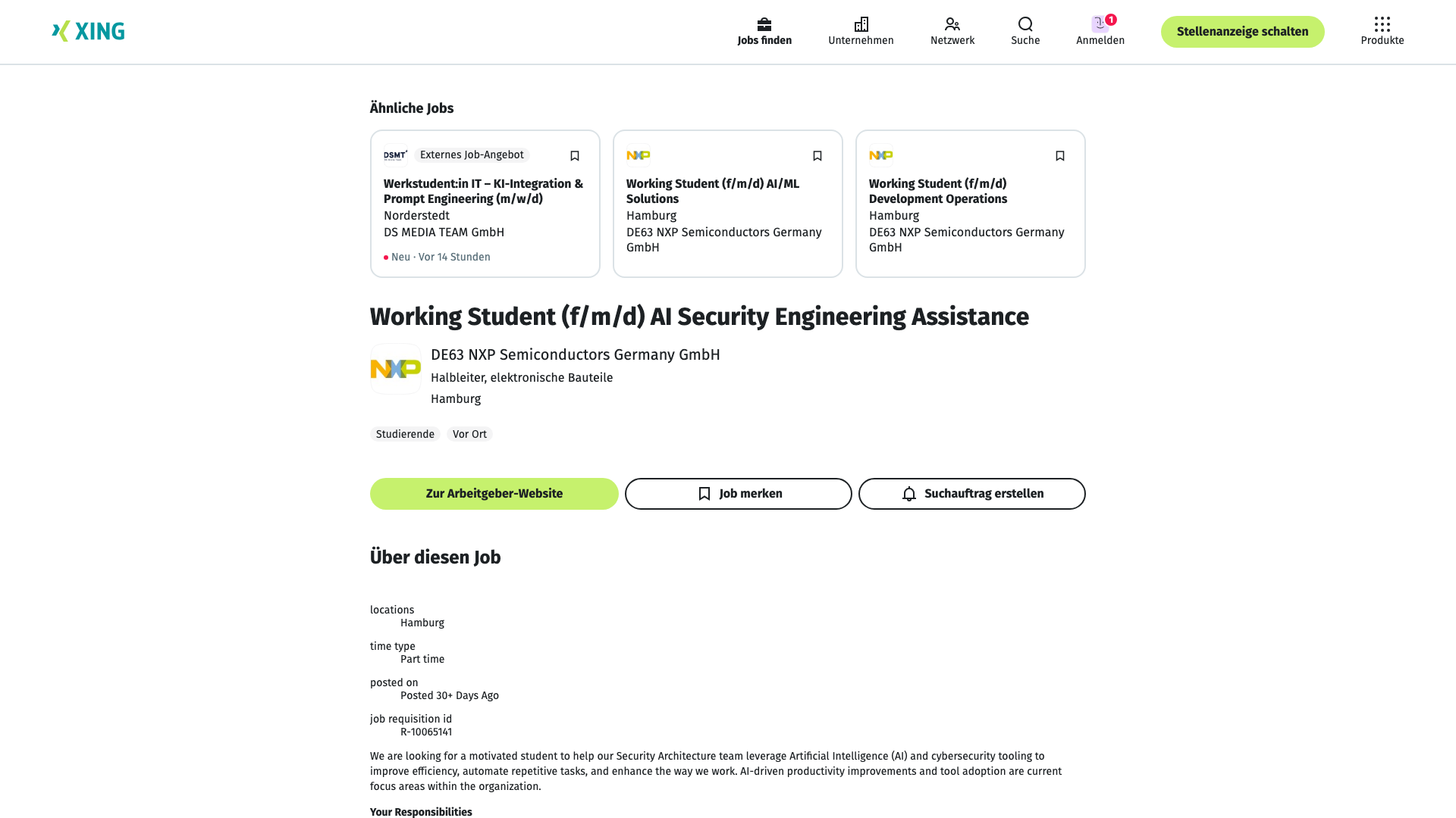 Screenshot of the NXP Semiconductors Working Student (f/m/d) AI Security Engineering Assistance job posting, captured 2026-09-05