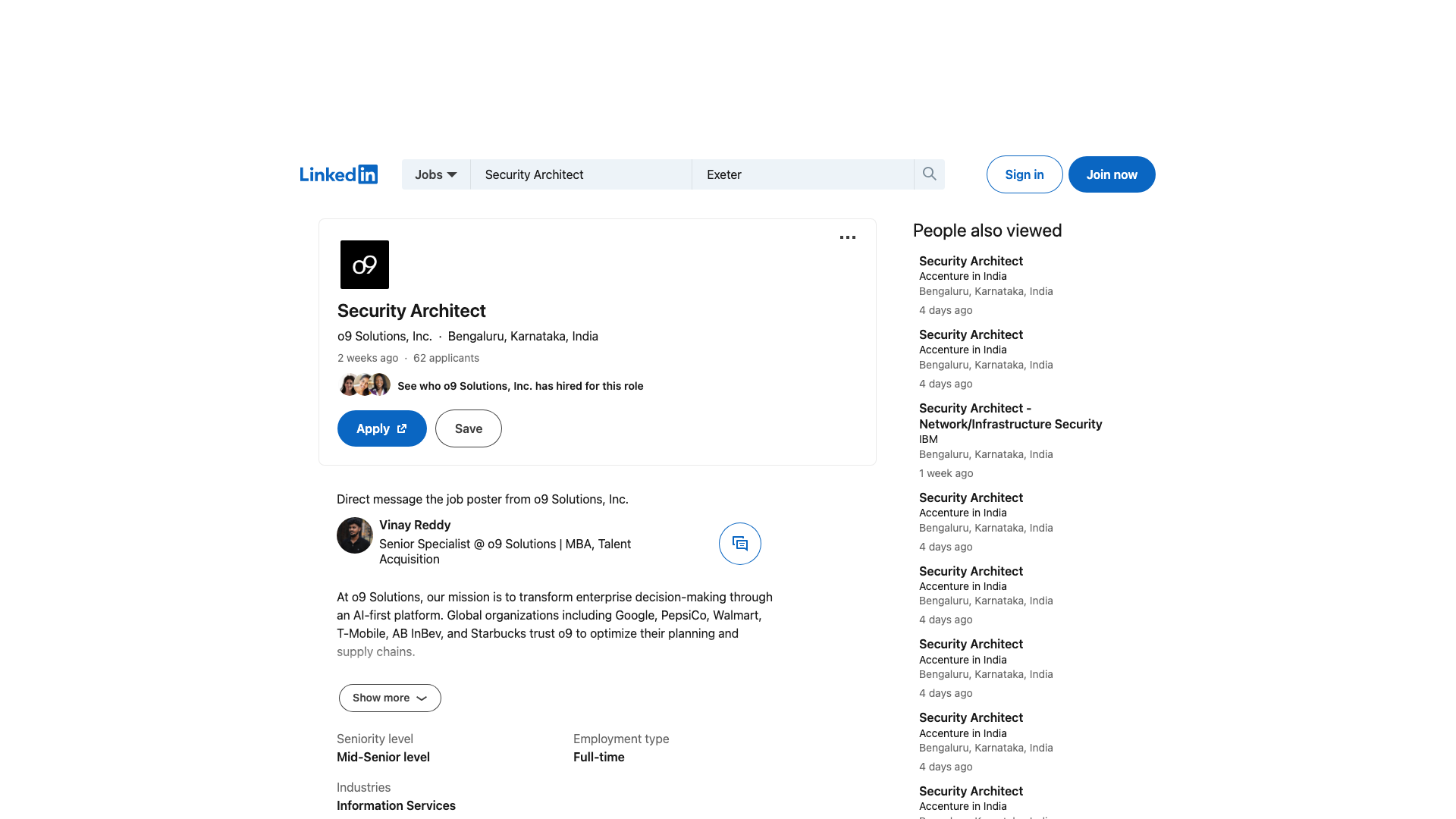 Screenshot of the o9 Solutions Security Architect (Senior AI Security & MLSecOps Architect) job posting, captured 2026-09-05