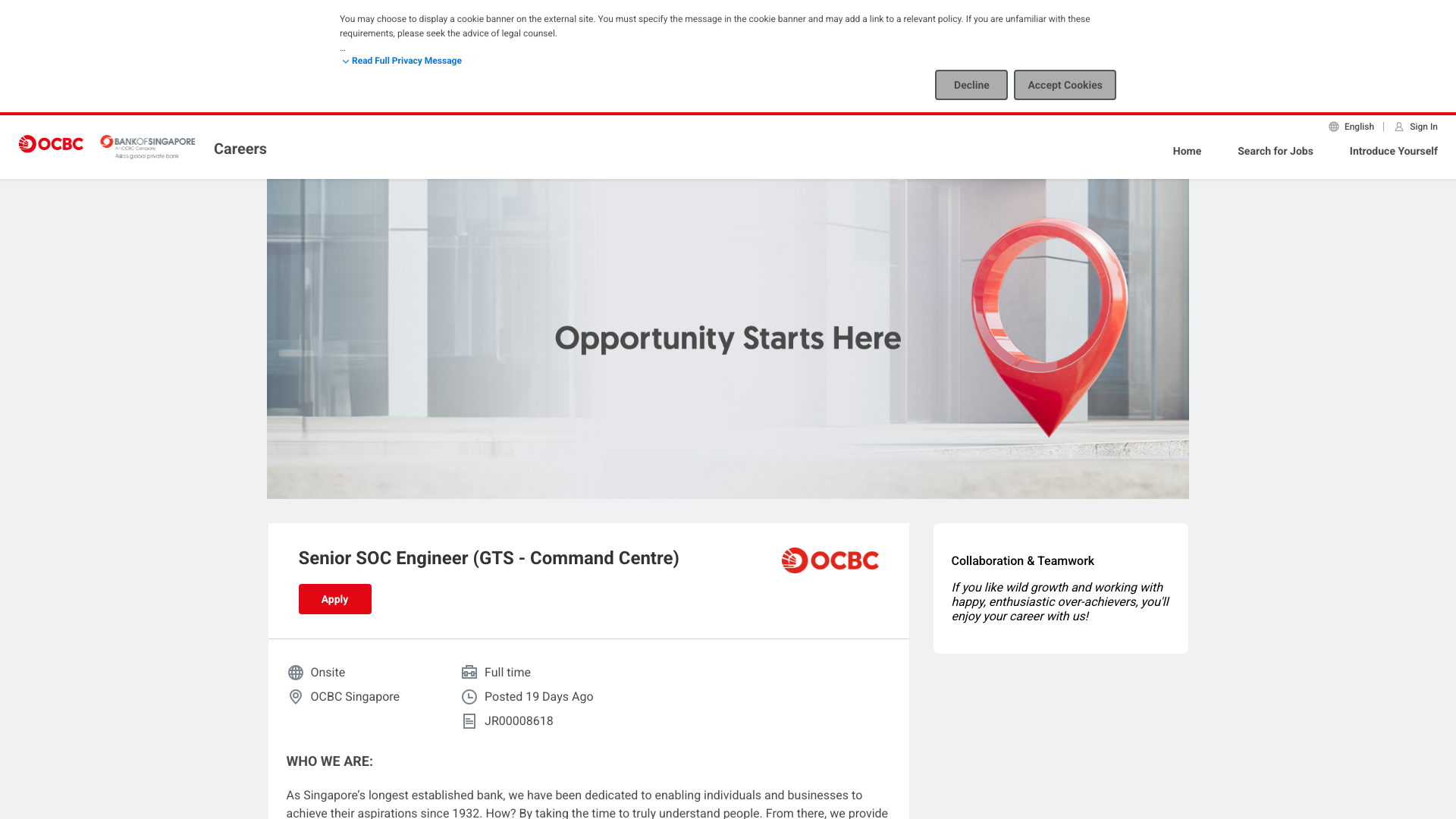 Screenshot of the OCBC Bank Senior SOC Engineer (GTS - Command Centre) job posting, captured 2026-09-05