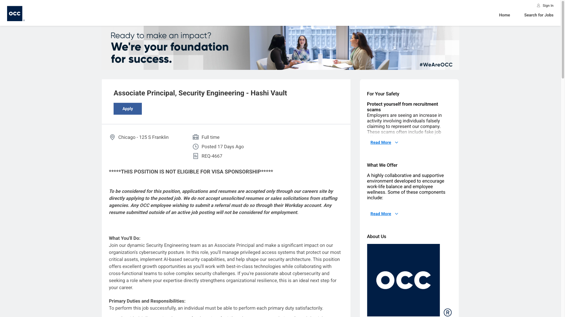 Screenshot of the OCC Associate Principal, Security Engineering - Hashi Vault job posting, captured 2026-10-08