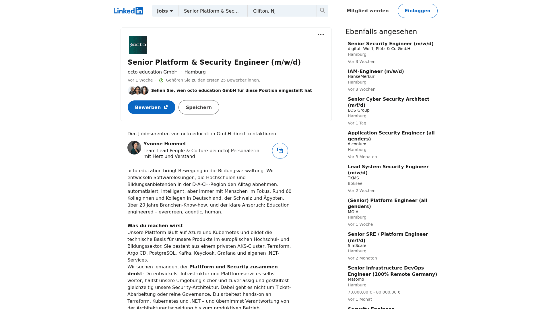 Screenshot of the octo education GmbH Senior Platform & Security Engineer (m/w/d) job posting, captured 2026-08-27
