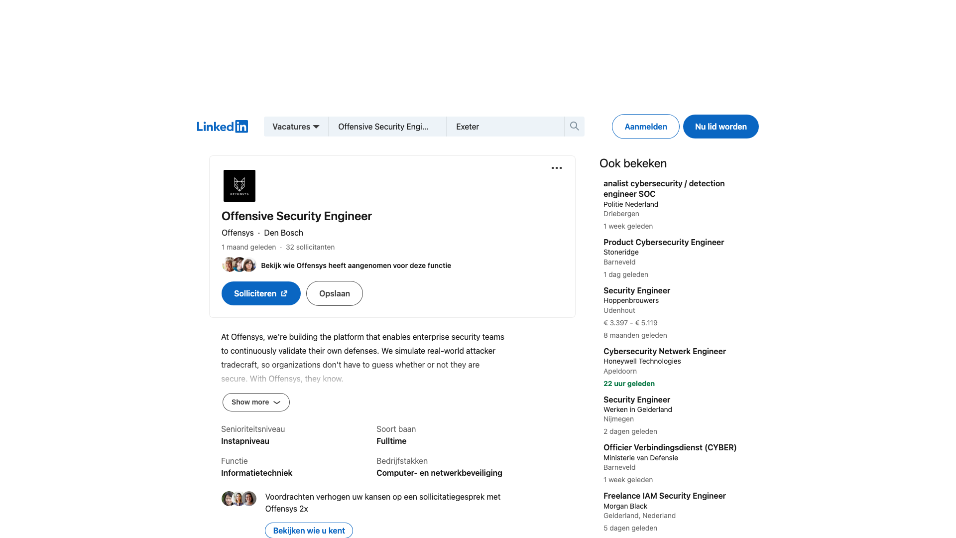 Screenshot of the Offensys Offensive Security Engineer job posting, captured 2026-09-05