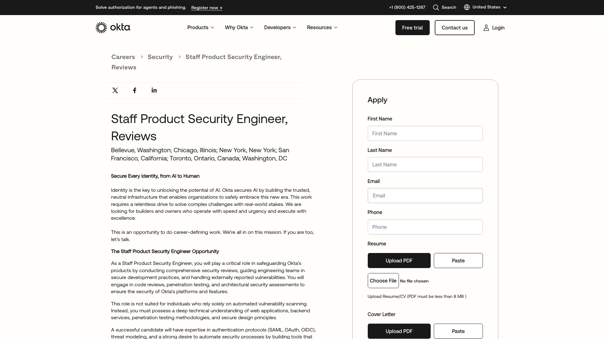 Screenshot of the Okta Staff Product Security Engineer, Reviews job posting, captured 2026-09-05