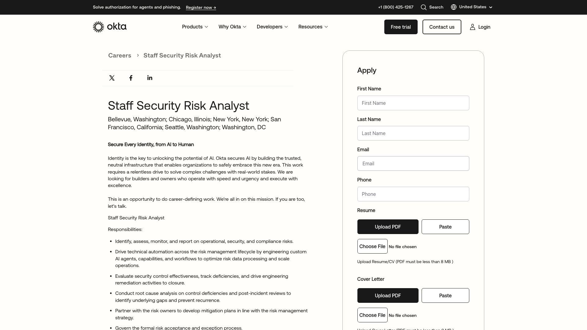 Screenshot of the Okta Staff Security Risk Analyst job posting, captured 2026-10-22