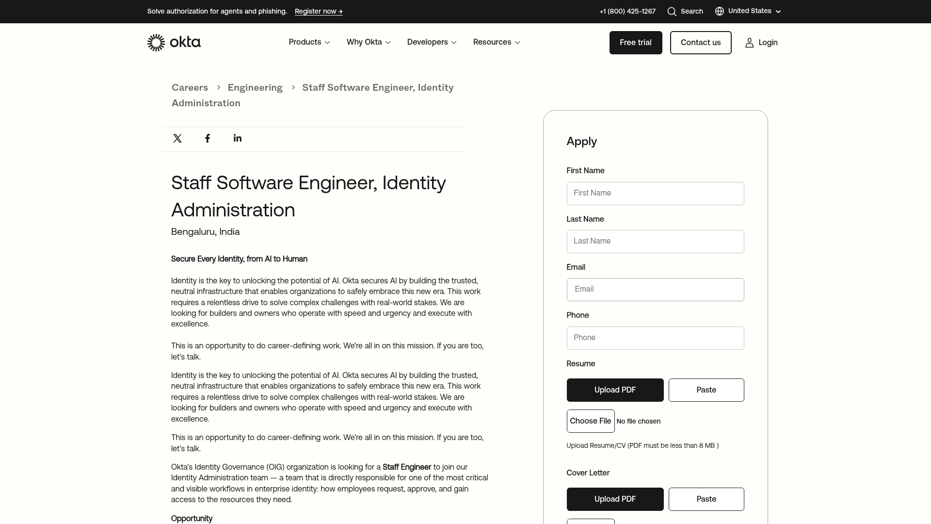 Screenshot of the Okta Staff Software Engineer, Identity Administration job posting, captured 2026-08-31