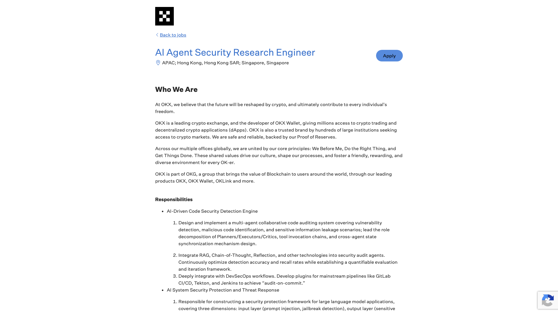 Screenshot of the OKX AI Agent Security Research Engineer job posting, captured 2026-09-05