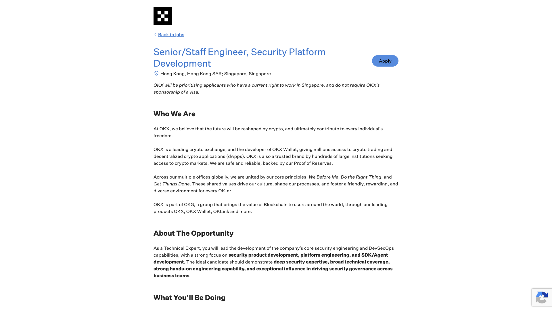 Screenshot of the OKX Senior/Staff Engineer, Security Platform Development job posting, captured 2026-09-05