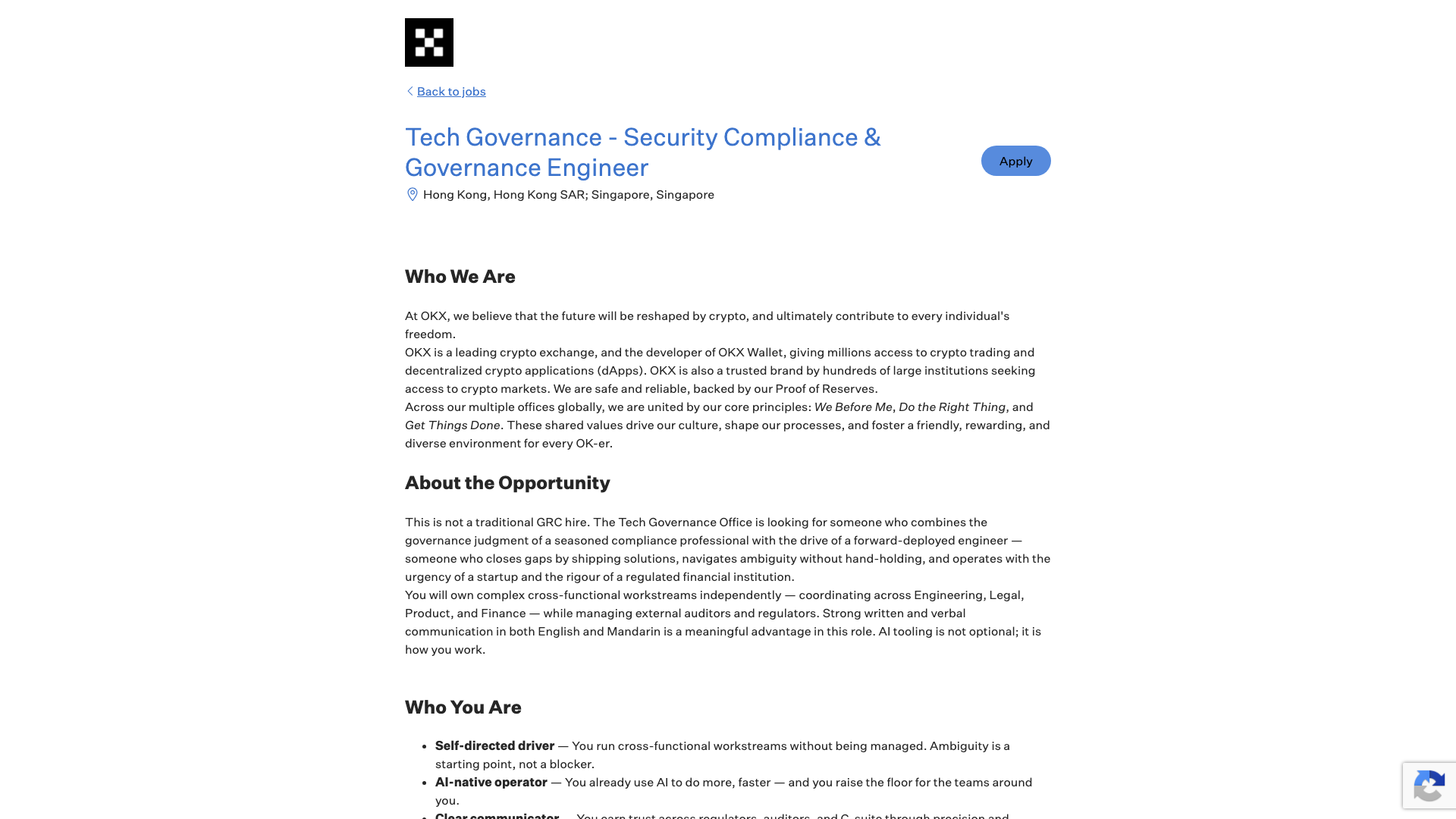 Screenshot of the OKX Tech Governance - Security Compliance & Governance Engineer job posting, captured 2026-09-05