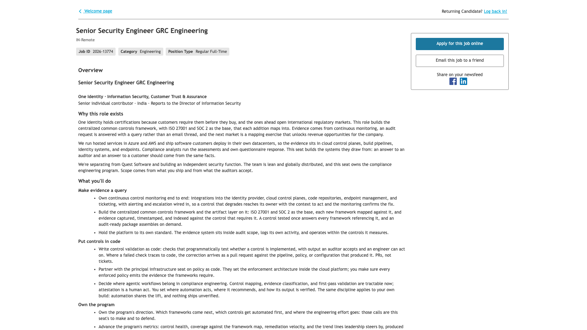 Screenshot of the One Identity Senior Security Engineer GRC Engineering job posting, captured 2026-10-22