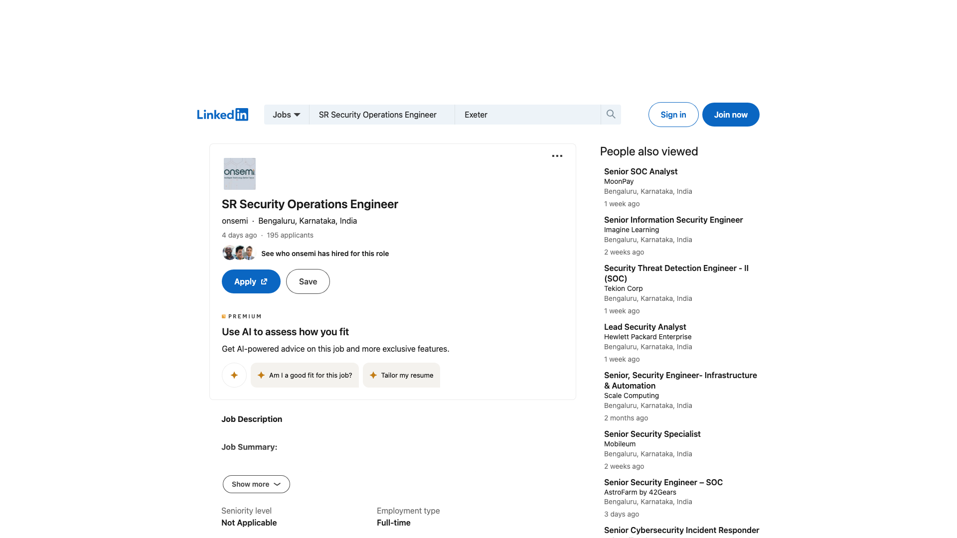 Screenshot of the onsemi Sr. Security Operations Engineer job posting, captured 2026-09-05