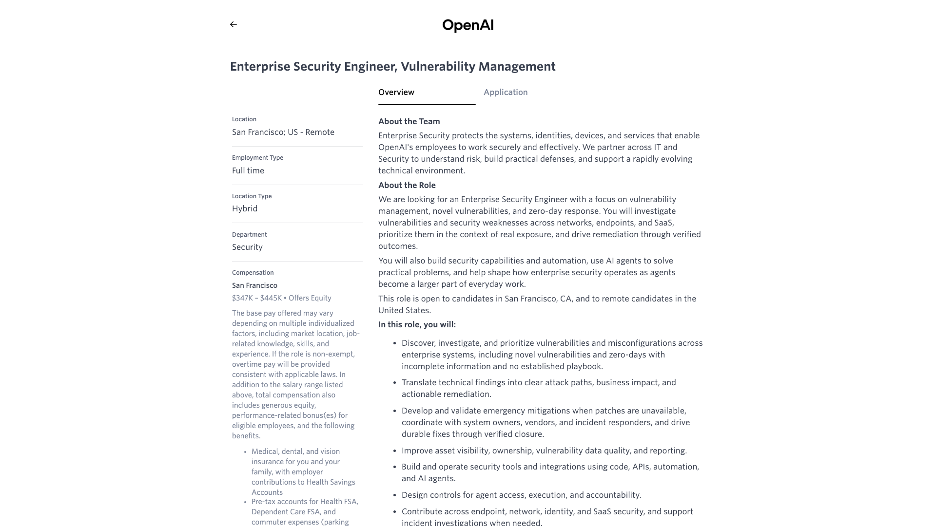 Screenshot of the OpenAI Enterprise Security Engineer, Vulnerability Management job posting, captured 2026-10-22