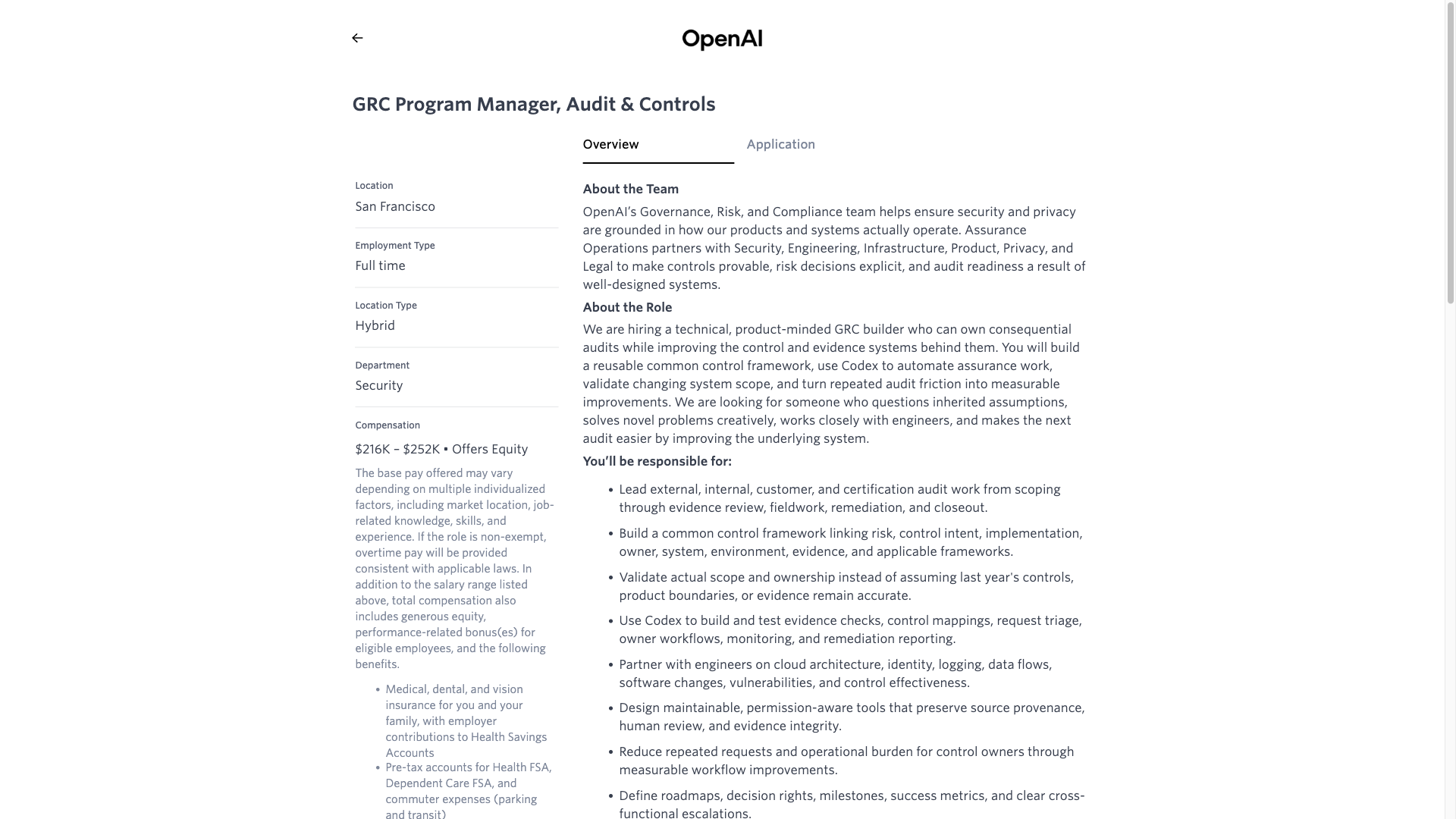 Screenshot of the OpenAI GRC Program Manager, Audit & Controls job posting, captured 2026-09-23