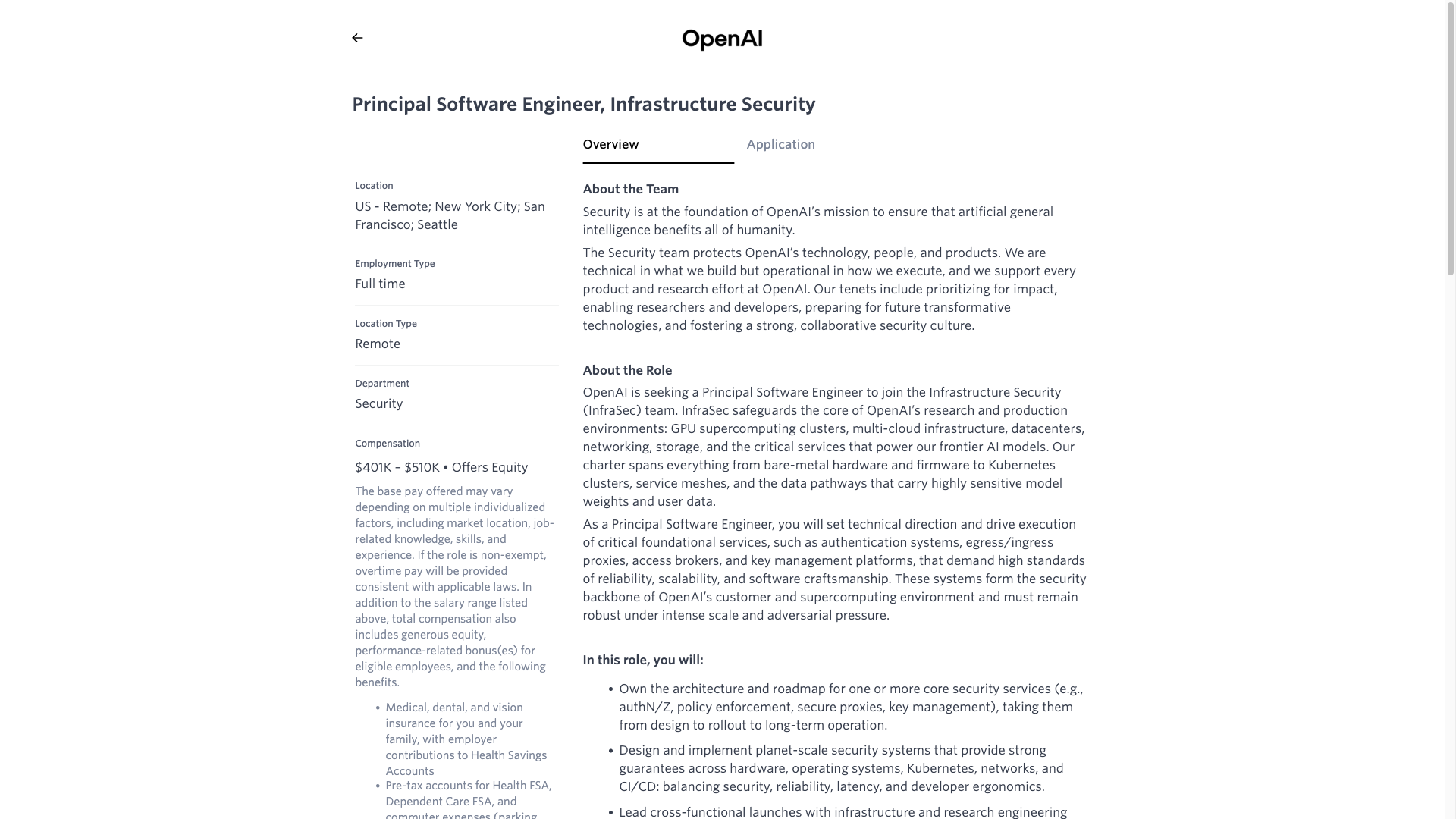 Screenshot of the OpenAI Principal Software Engineer, Infrastructure Security job posting, captured 2026-09-23