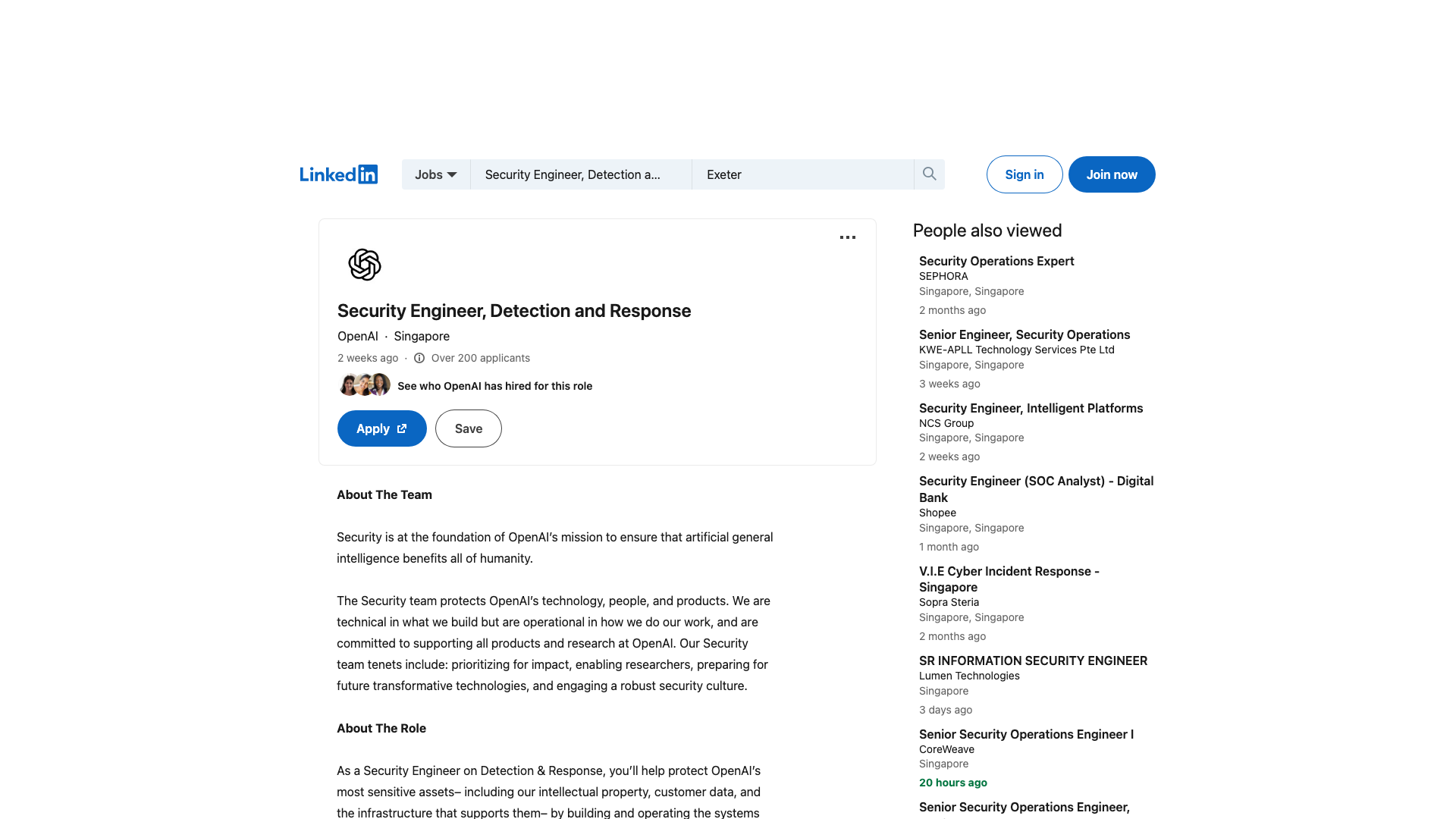 Screenshot of the OpenAI Security Engineer, Detection and Response job posting, captured 2026-09-05