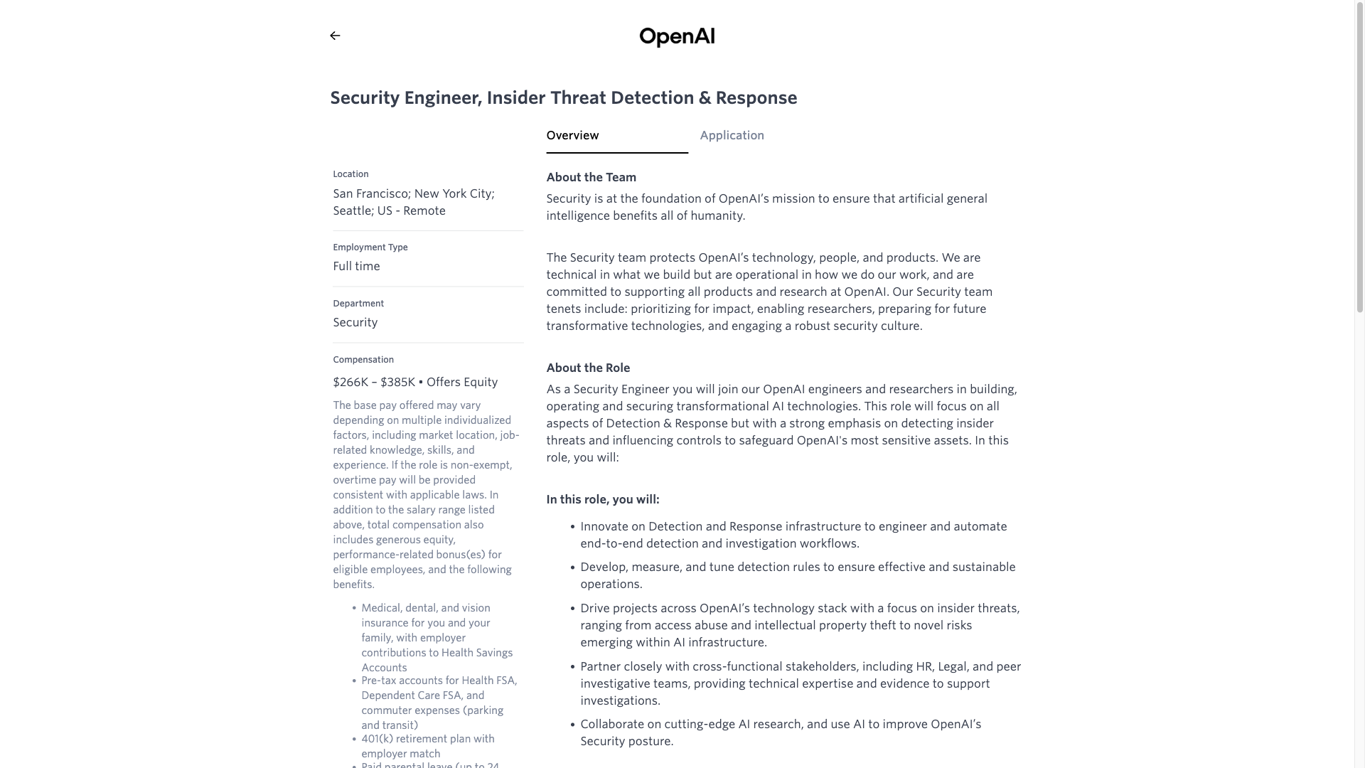 Screenshot of the OpenAI Security Engineer, Insider Threat Detection & Response job posting, captured 2026-09-23