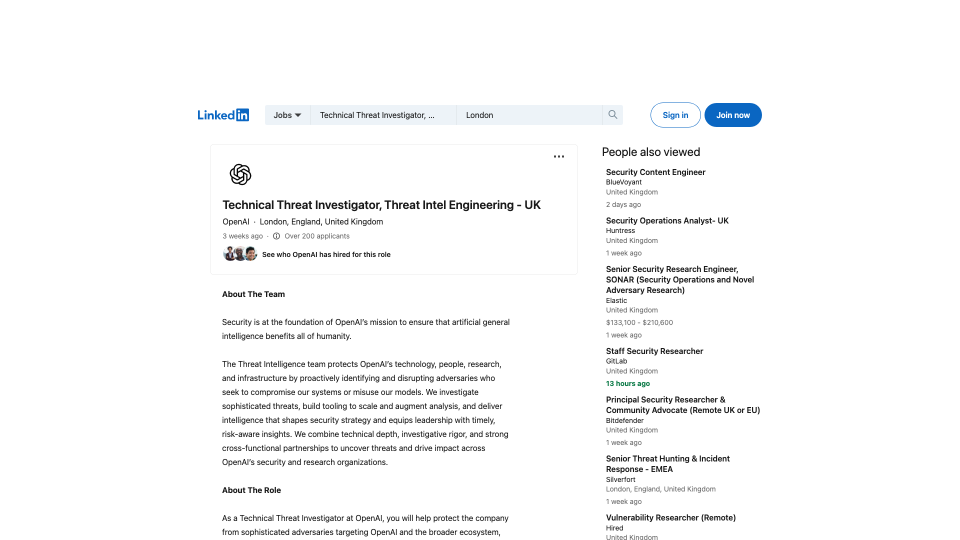 Screenshot of the OpenAI Technical Threat Investigator, Threat Intel Engineering - UK job posting, captured 2026-09-05