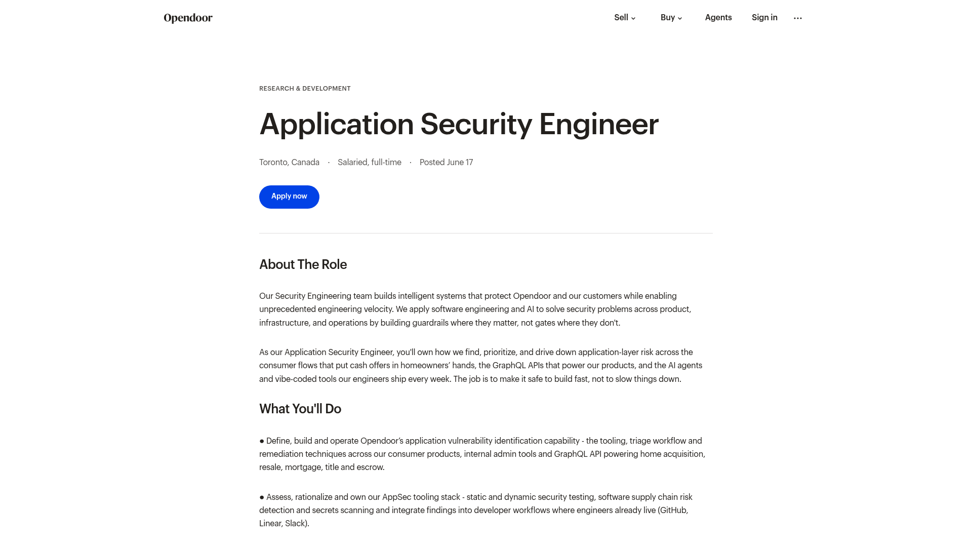 Screenshot of the Opendoor Application Security Engineer job posting, captured 2026-08-27