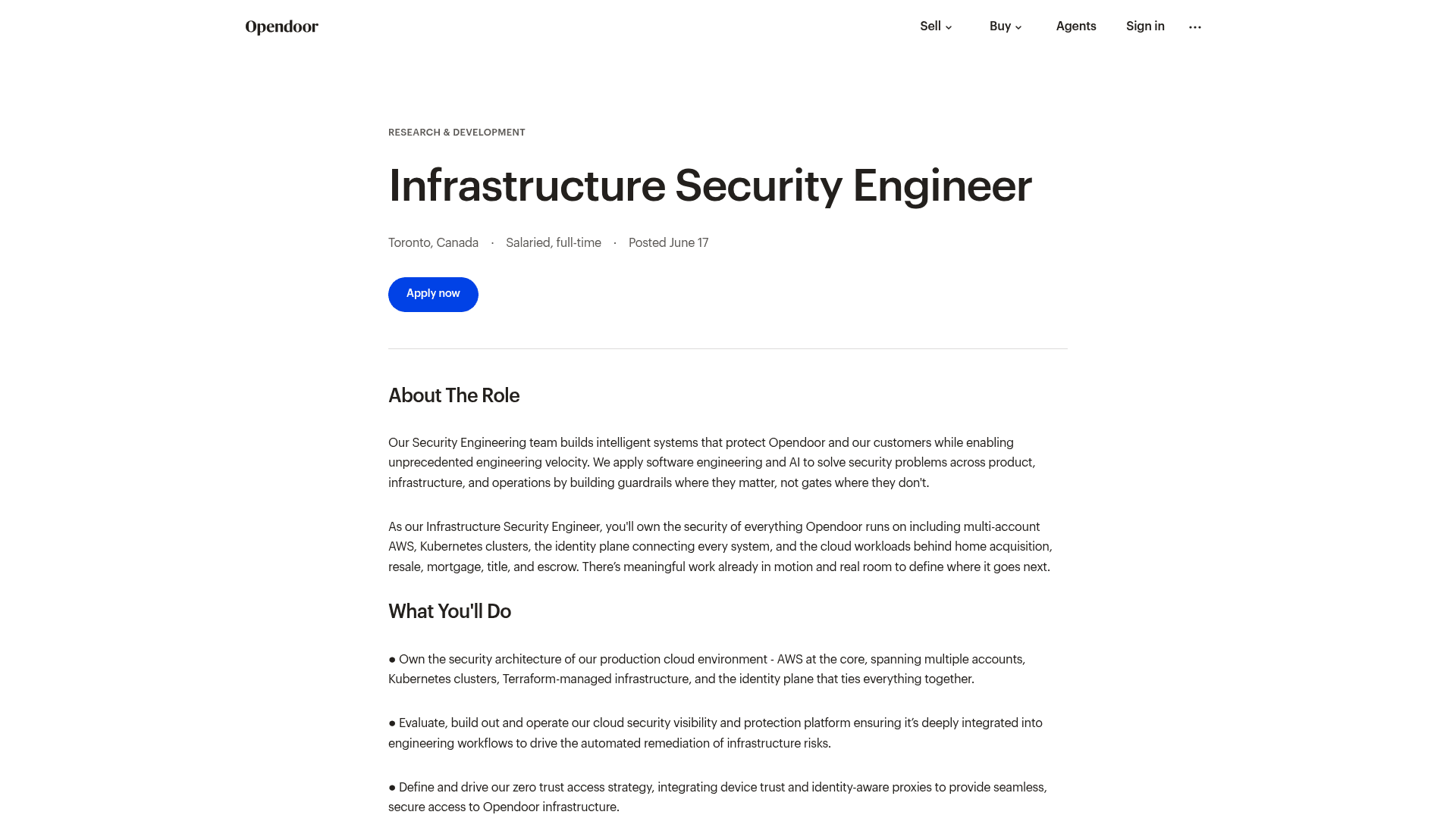 Screenshot of the Opendoor Infrastructure Security Engineer job posting, captured 2026-08-27
