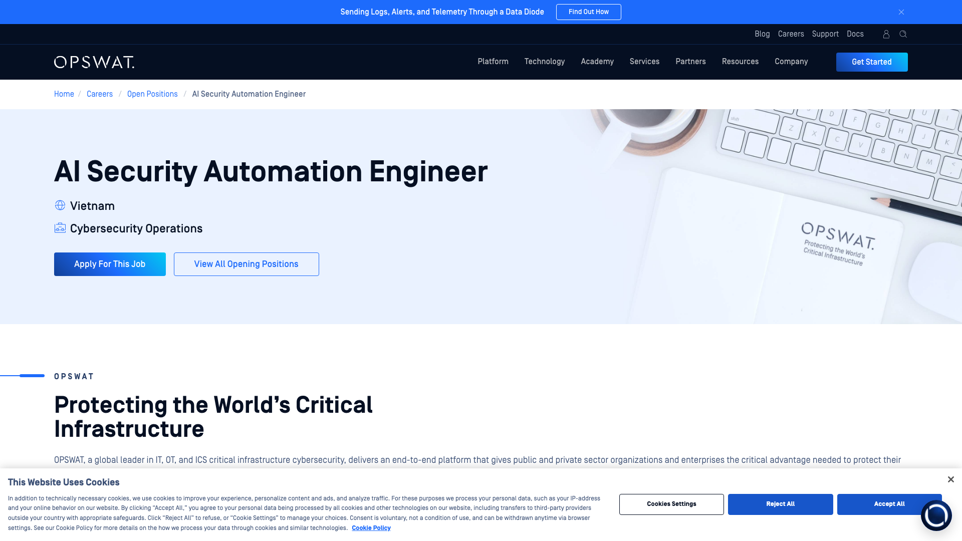 Screenshot of the OPSWAT AI Security Automation Engineer job posting, captured 2026-08-27