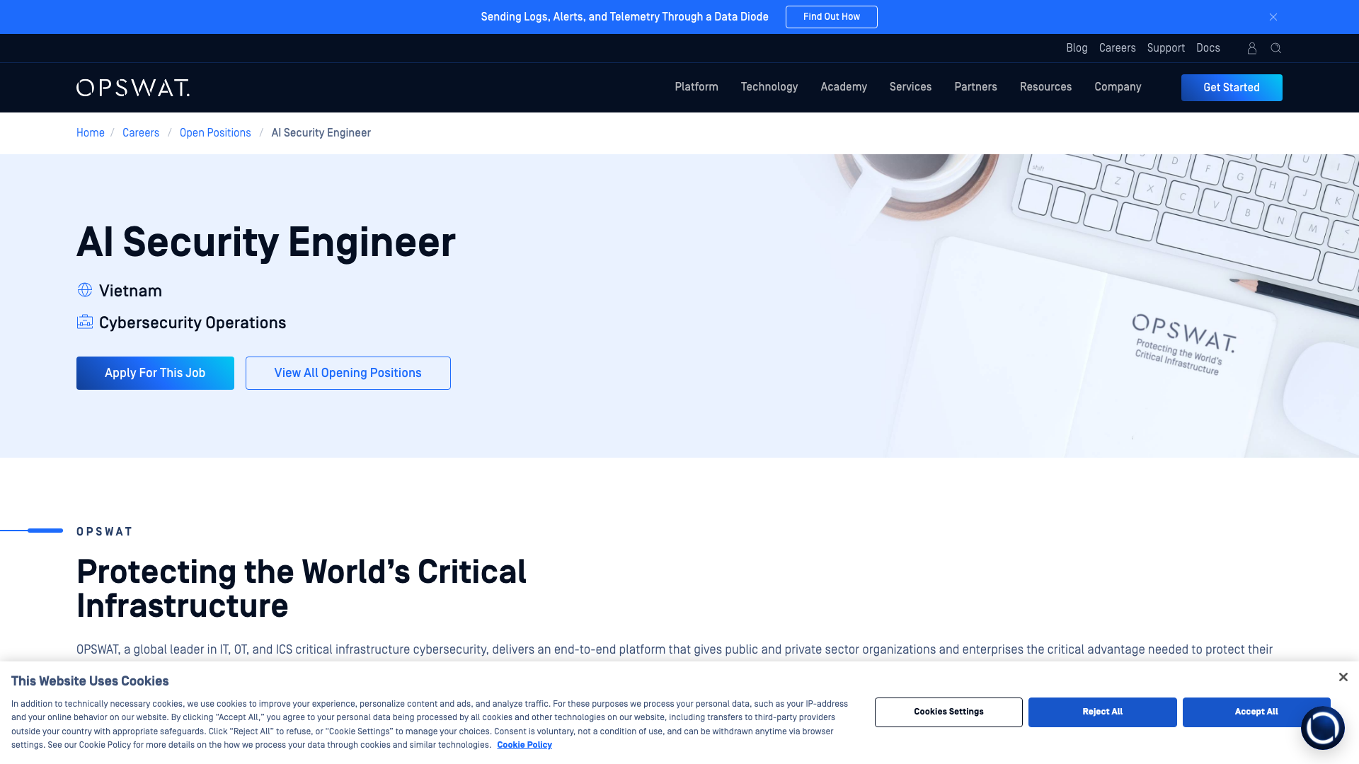 Screenshot of the OPSWAT AI Security Engineer job posting, captured 2026-08-27