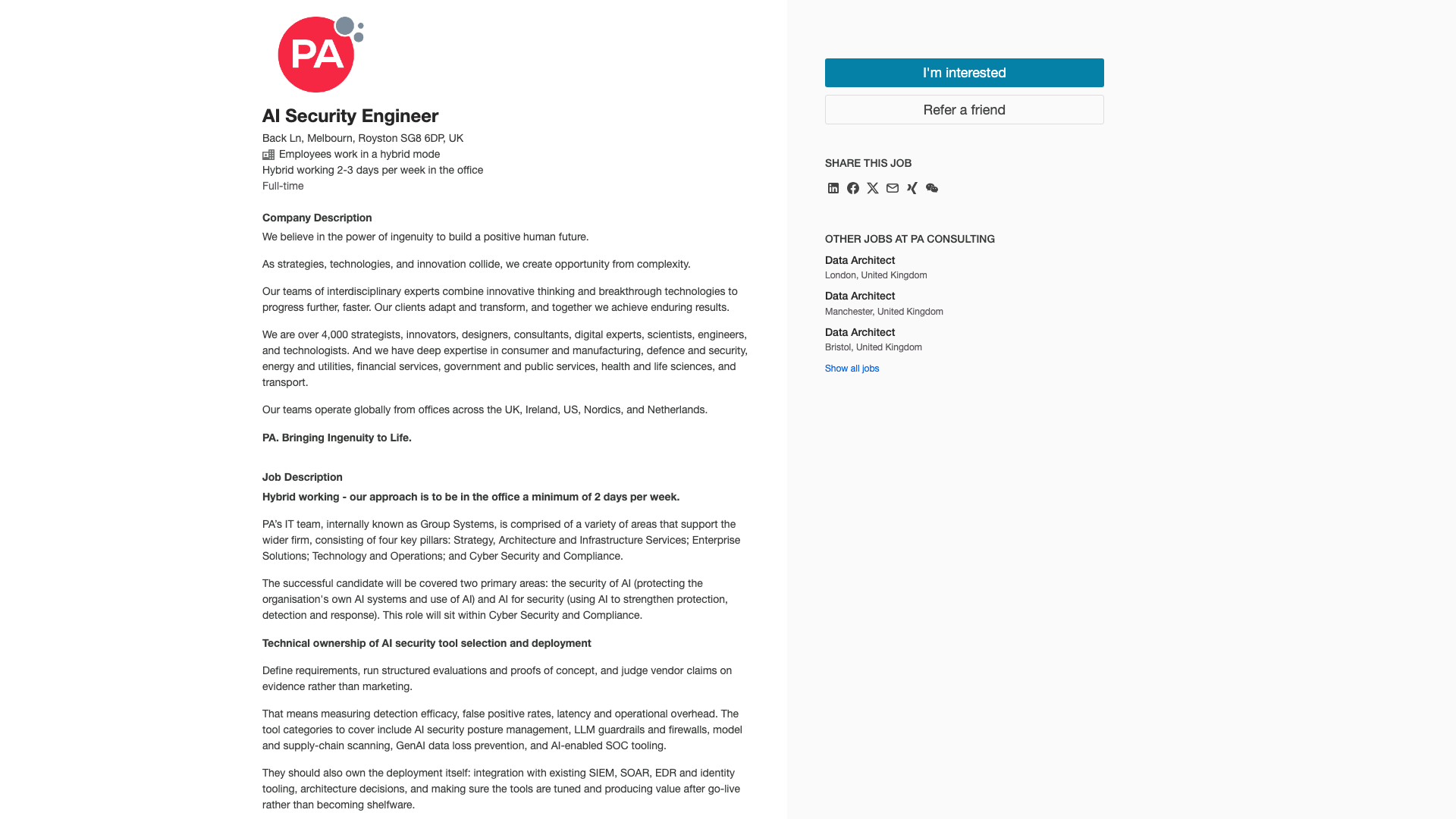 Screenshot of the PA Consulting AI Security Engineer job posting, captured 2026-10-22