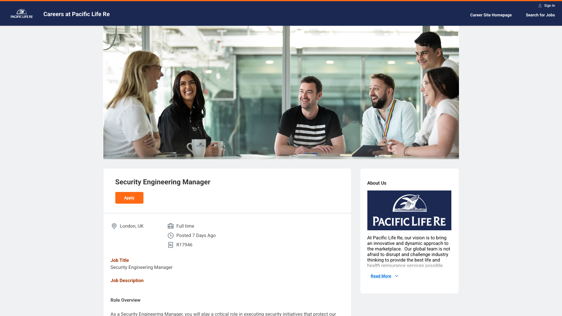 Screenshot of the Pacific Life Re Security Engineering Manager job posting, captured 2026-10-22