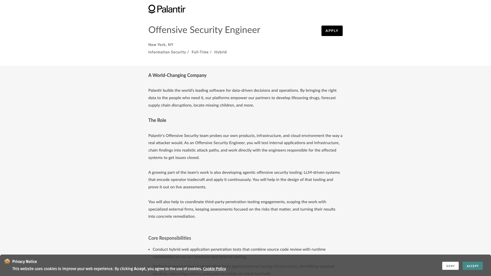 Screenshot of the Palantir Offensive Security Engineer job posting, captured 2026-09-05
