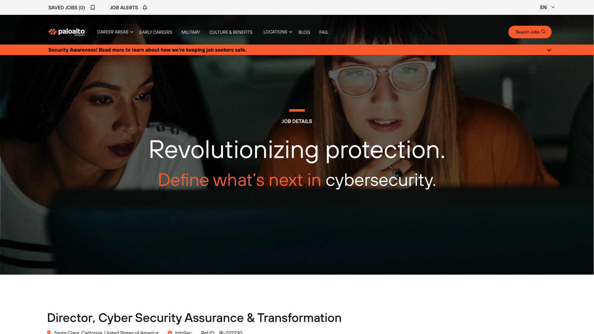 Screenshot of the Palo Alto Networks Director, Cyber Security Assurance & Transformation job posting, captured 2026-10-26