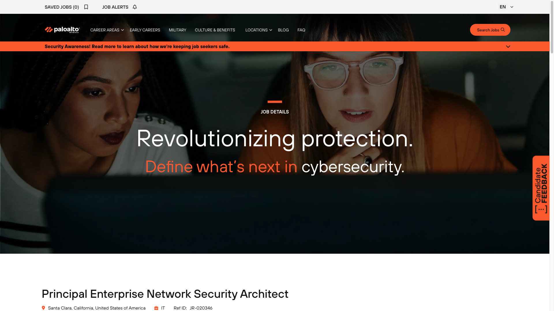 Screenshot of the Palo Alto Networks Principal Enterprise Network Security Architect job posting, captured 2026-09-24