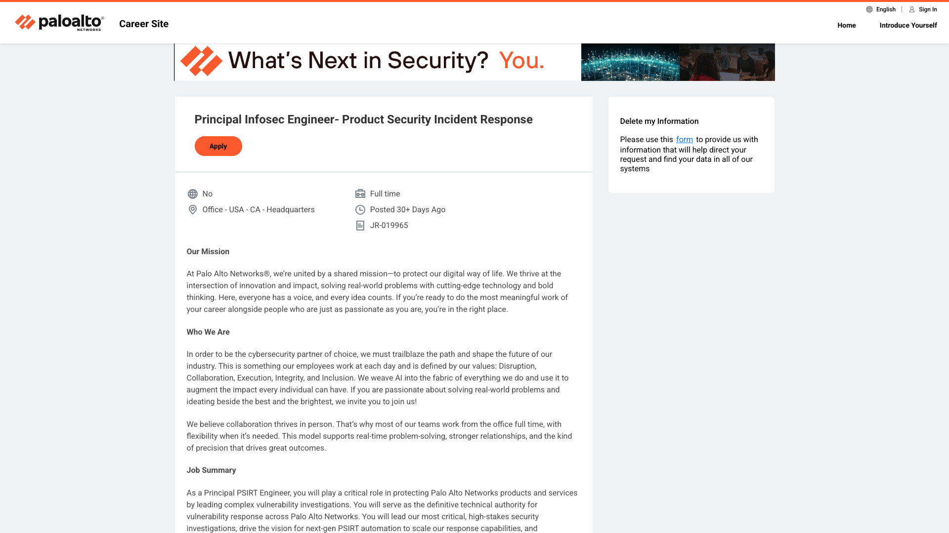 Screenshot of the Palo Alto Networks Principal Infosec Engineer – Product Security Incident Response job posting, captured 2026-09-05