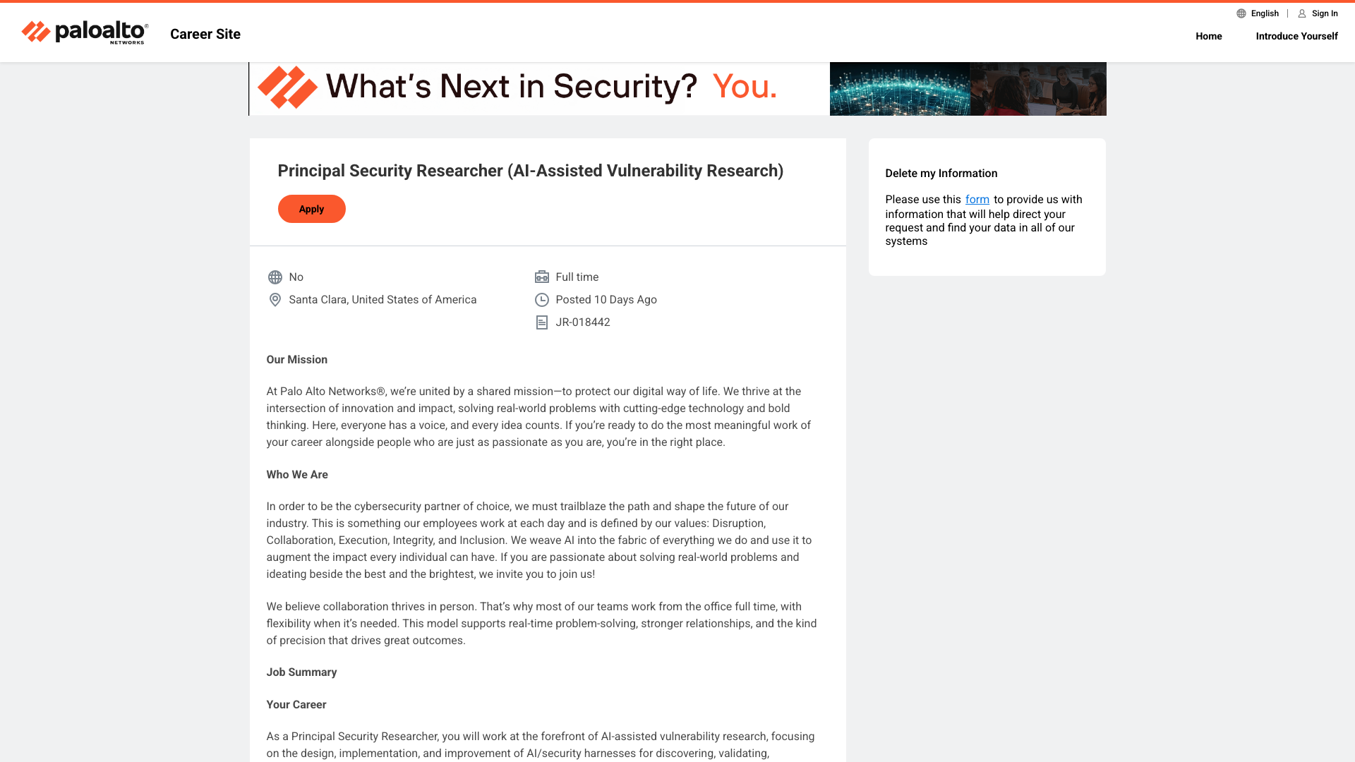 Screenshot of the Palo Alto Networks Principal Security Researcher (AI-Assisted Vulnerability Research) job posting, captured 2026-09-05