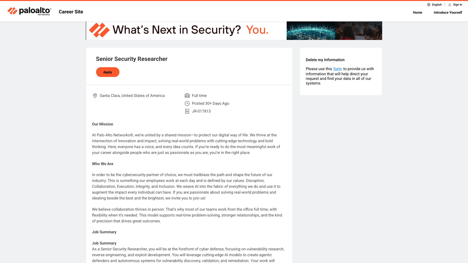 Screenshot of the Palo Alto Networks Senior Security Researcher job posting, captured 2026-09-05